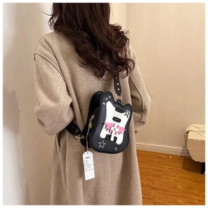 Bolso de hombro para mujer, divertido bolso con forma de violín, moderno bolso cruzado con correa ancha y remaches, bolso de mano de cuero sintético