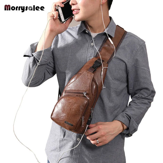 Bolsos cruzados para hombre Bolso de pecho con puerto USB para hombre Bolso bandolera de diseñador Bolsos de hombro de cuero Paquete diagonal 2024 nueva mochila de viaje