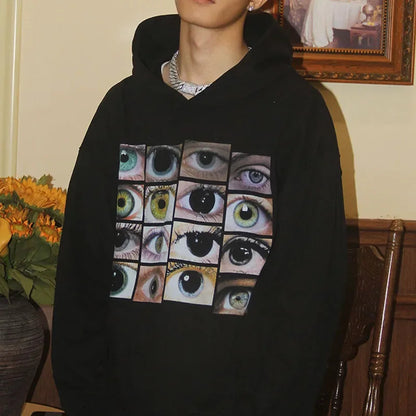 Sudadera con capucha y estampado de ojos para mujer, estilo hip hop, estilo Harajuku Y2K, informal, de algodón, color negro