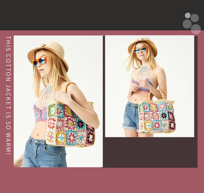 Bolso de mano de paja con forma de granny square bohemio con asa de bambú, bolsos de mujer informales hechos a mano, bolsos de playa de verano, carteras de gran capacidad