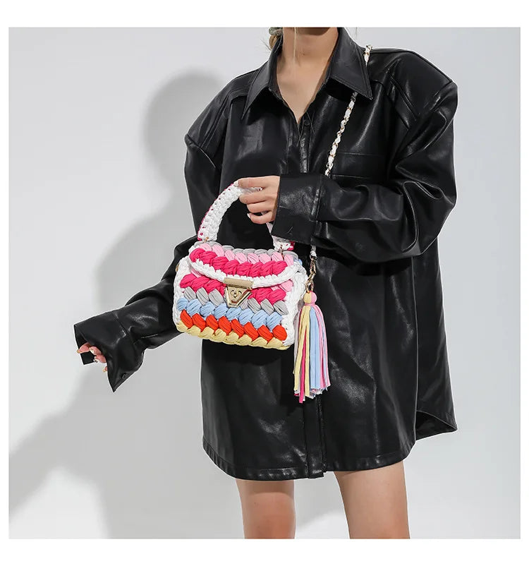 Fashion Colorful Crochet Women Handbags Trend Handmade Woven Chains Shoulder Crossbody Bag Small Flap Female Purses 2024