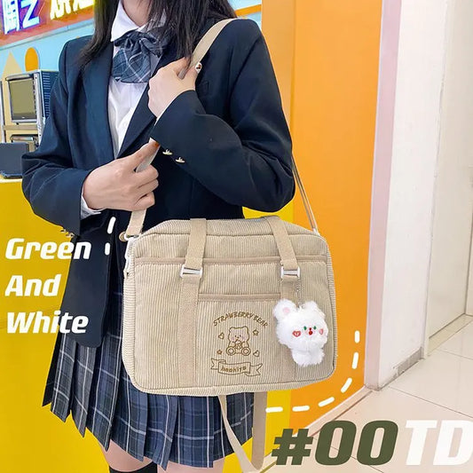 Bolsos de hombro bonitos de estilo japonés para mujer, bolsos cruzados de pana con bordado kawaii vintage y adorables osos, bolsos para chicas adolescentes y estudiantes