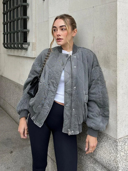 Manteau en coton matelassé gris pour femme, veste vintage à simple boutonnage et col montant, style décontracté et chic, collection automne-hiver 2023