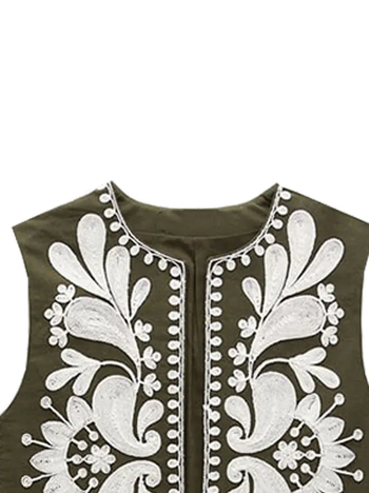 Suninheart Women Vintage Floral Embroidery Printed Unisex Vest Sleeveless Cropped Coats 2023 Summer Elegant Cotton Linen Tops