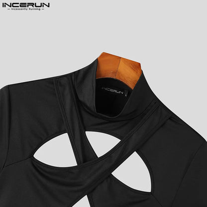 Fashion Men's Homewear Jumpsuits INCERUN 2024 Symmetric Hollow Design Short Sleeve Half High Neck Solid Triangle Bodysuits S-5XL