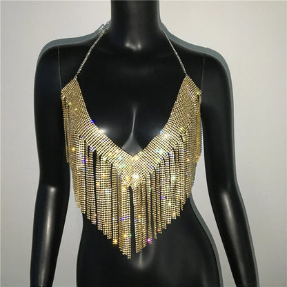 Chaleco con cuello halter y brillantes diamantes de imitación para mujer, top sexy de playa con borlas y cadena sin espalda para mujer, top corto calado para fiesta 2023