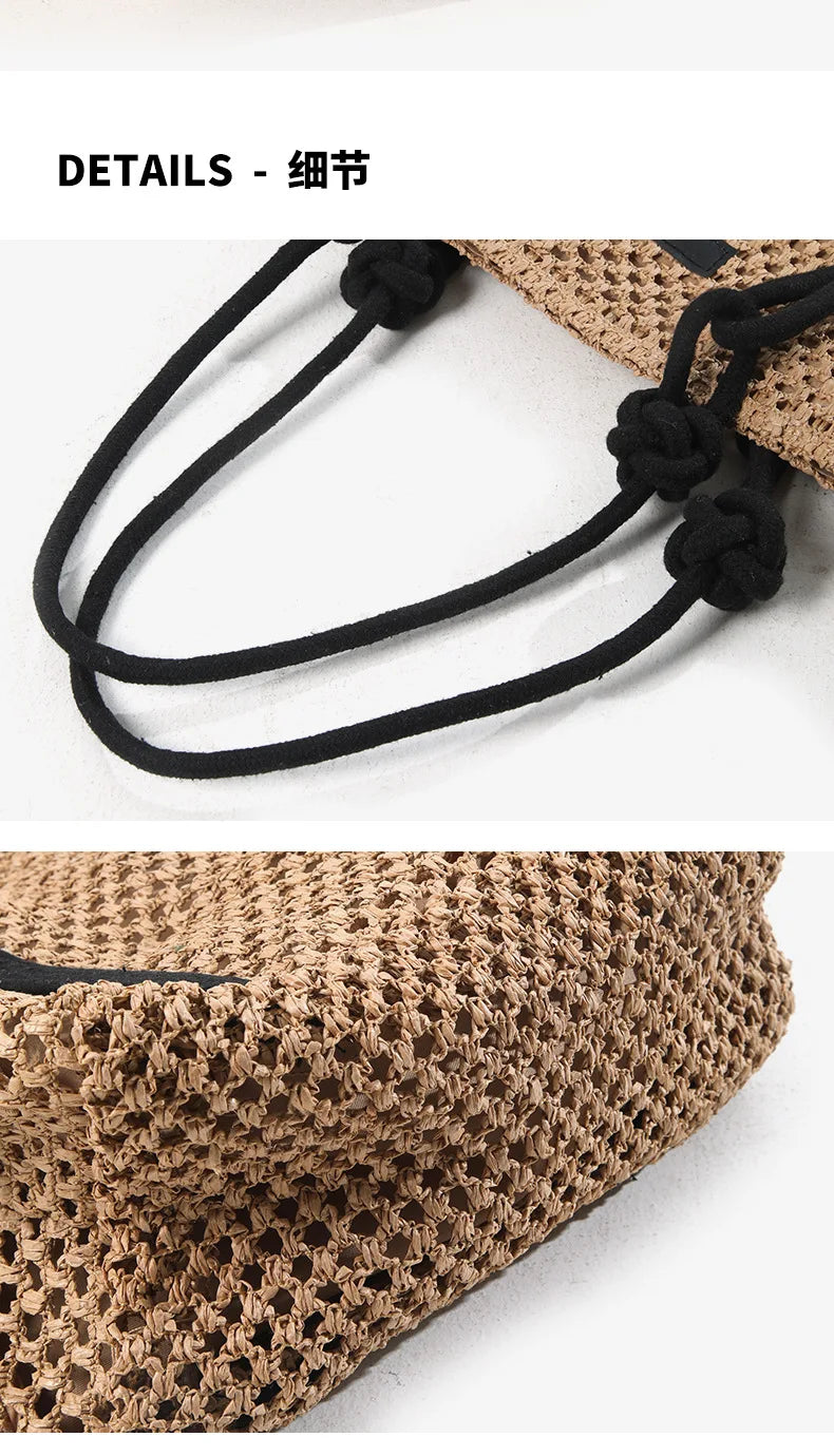 Casual Hollow Out Large Capacity Straw Tote Bag Weave Women Shoulder Bags Handmade Summer Beach Handbags Big Shopper Purses 2024