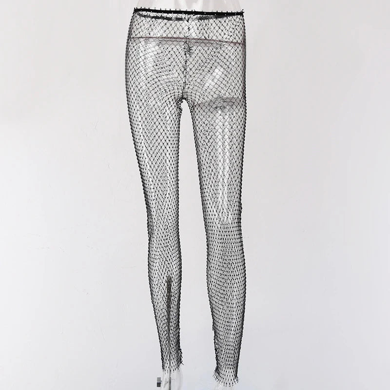 Pantalones de malla de diamantes de cristal para mujer, pantalones de rejilla largos holgados con joyas transparentes y ahuecados de verano sexys, pantalones de playa nuevos de 2024