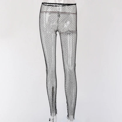 Pantalones de malla de diamantes de cristal para mujer, pantalones de rejilla largos holgados con joyas transparentes y ahuecados de verano sexys, pantalones de playa nuevos de 2024