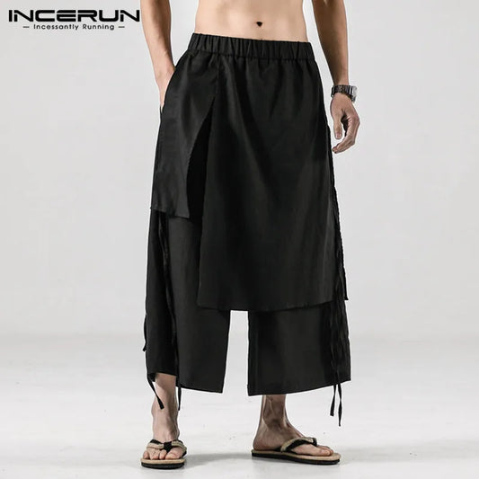 Pantalones casuales para hombre, ropa de calle lisa, pantalones de chándal holgados, faldas irregulares, pantalones para hombre 2024, pantalones de pierna ancha con cintura elástica Harajuku INCERUN