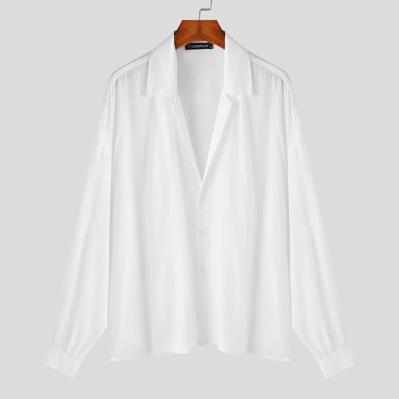 2024 Camisa para hombre de color sólido con solapa de manga larga suelta transparente informal camisas finas ropa de calle de moda ropa para hombre S-5XL INCERUN