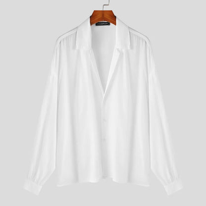 2024 Camisa para hombre de color sólido con solapa de manga larga suelta transparente informal camisas finas ropa de calle de moda ropa para hombre S-5XL INCERUN