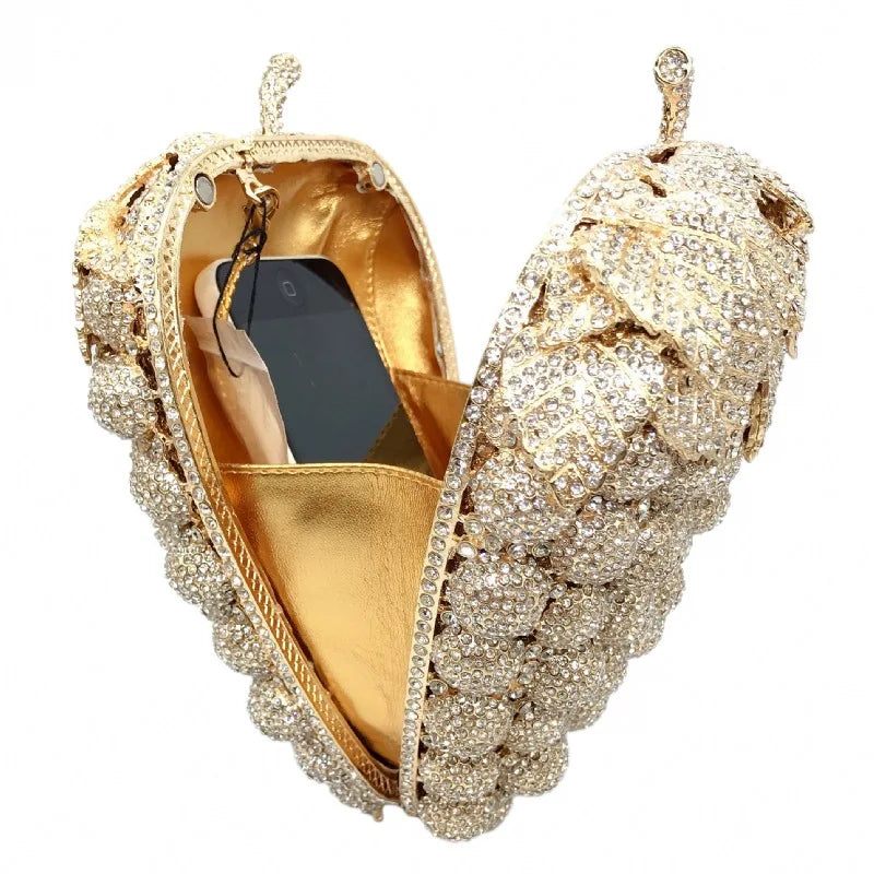 Bolso de mano de noche con forma de uva para mujer, bonito bolso de hombro con brillantes y diamantes de imitación para banquetes y fiestas de graduación