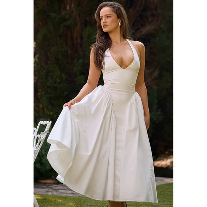 Suninheart Summer Maxi Dresses for Women 2024 New in Halter White Party Dresses Sexy Casual Backless Long Dresses Flare Bottom