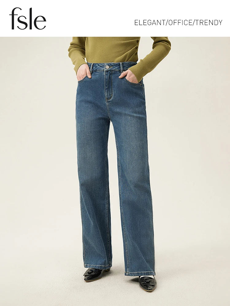 FSLE Casual Versatile Narrow Cut Straight Leg Jeans Look Slimmer Retro Washed High Waisted Pants 24FS11297