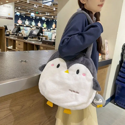 2024 Nouveau sac pingouin en peluche douce pour femmes, sac à bandoulière en fausse fourrure chaude pour femmes, sacs à main de grande capacité, sac fourre-tout d'école, cartables