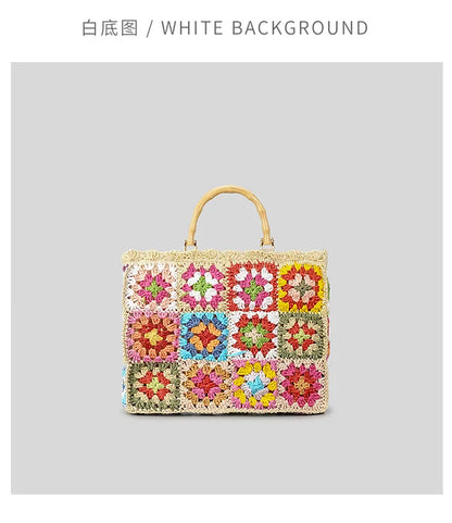 Bolso de mano de paja con forma de granny square bohemio con asa de bambú, bolsos de mujer informales hechos a mano, bolsos de playa de verano, carteras de gran capacidad