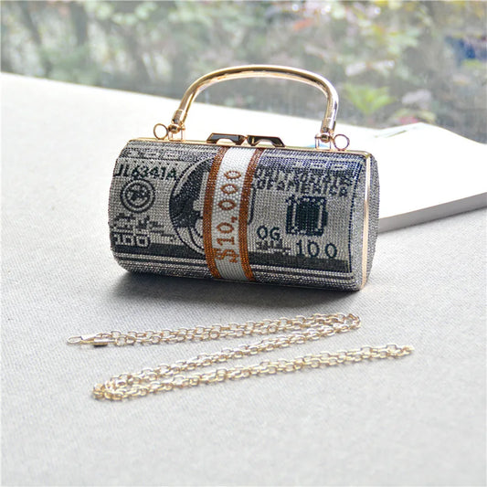 Full of diamonds small cylinder shoulder women bag set with diamonds Fashion dollar bag rhinestone dinner bag saco сумочка