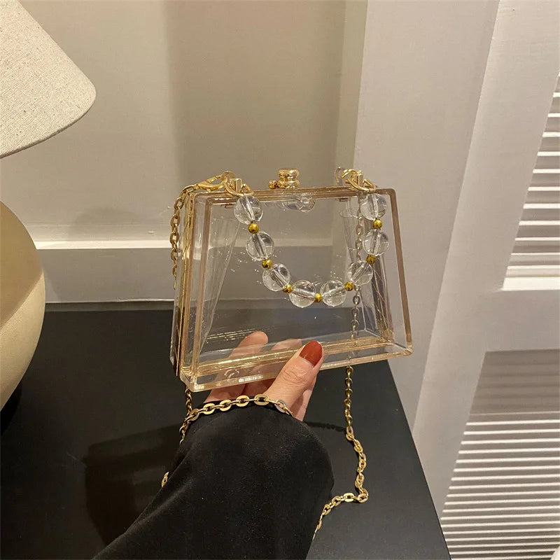 Summer Transparent Box Bag Female Small Pearl Handle Clear Shoulder Bag Chain Acrylic Dinner Bag