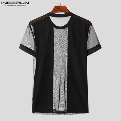 2023 Camiseta para hombre, ropa de calle de retazos de malla, cuello redondo, manga corta, transparente, camisetas sexis de moda para hombre, ropa S-5XL INCERUN