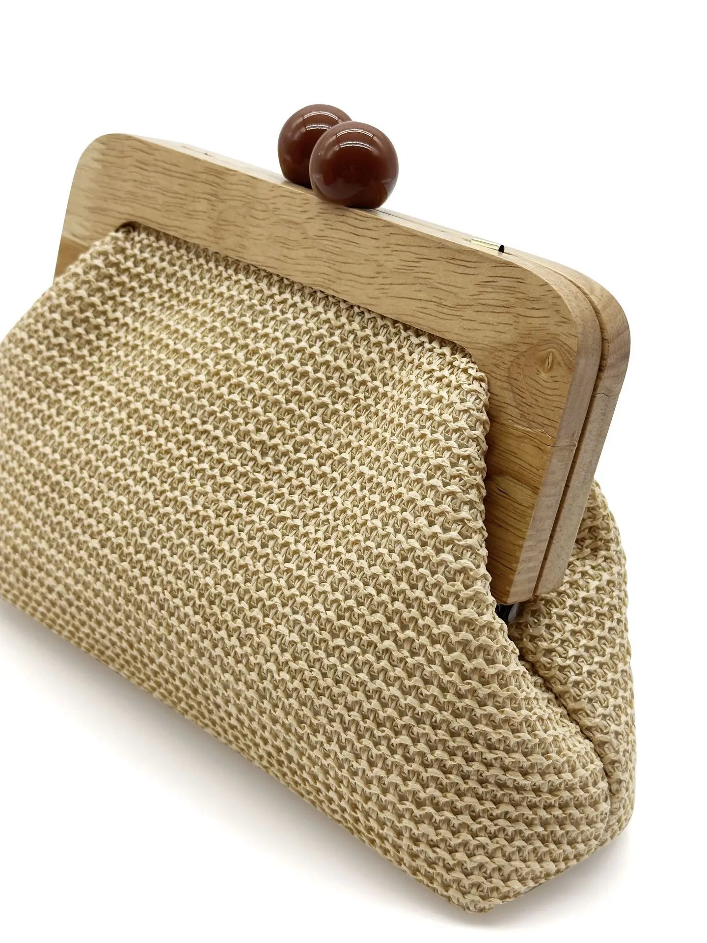 Fashion Wooden Clip Shell Clutch Bags for Women Straw Chains Shoulder Crossbody Bags Casual Summer Beach Bag Elegant Party Purse