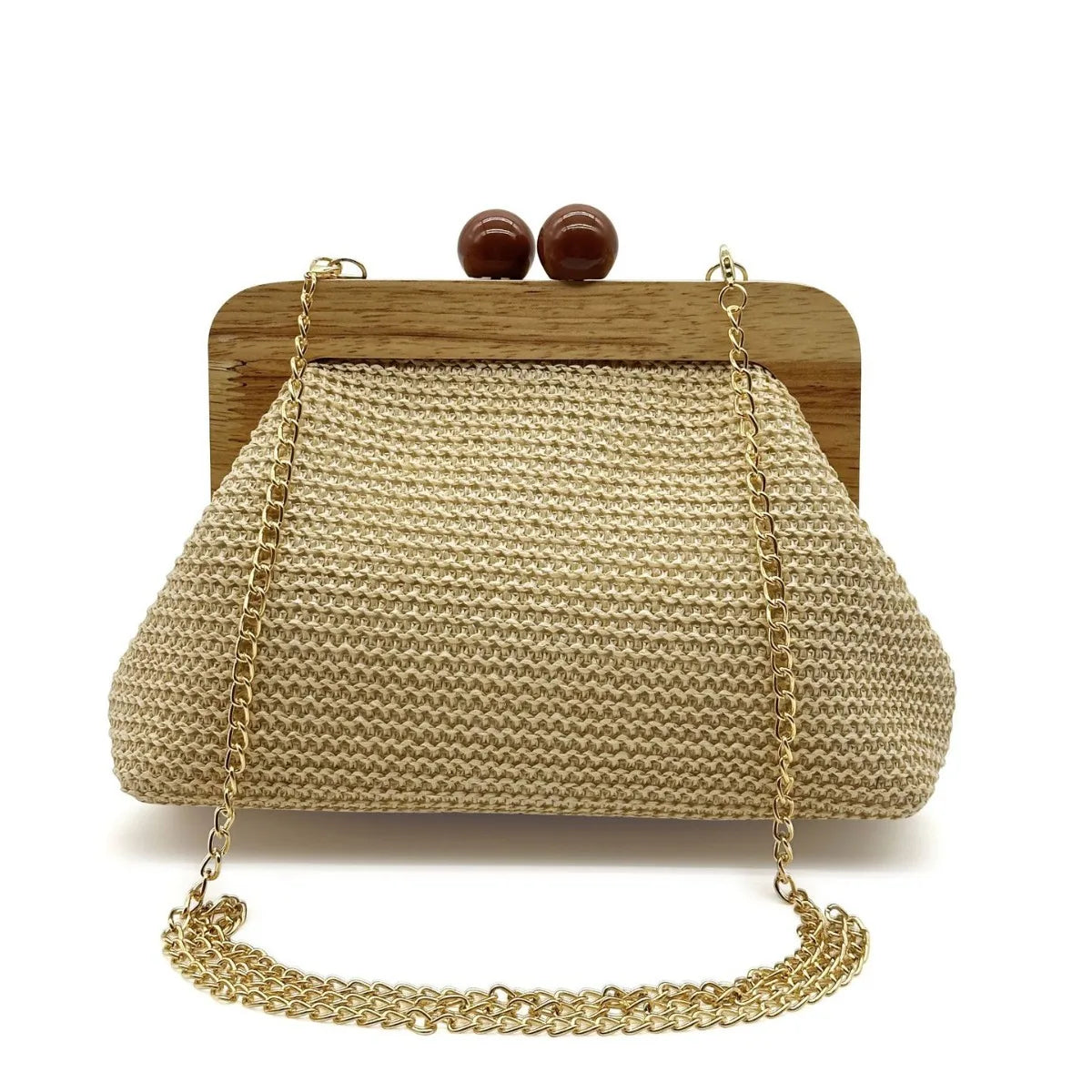 Fashion Wooden Clip Shell Clutch Bags for Women Straw Chains Shoulder Crossbody Bags Casual Summer Beach Bag Elegant Party Purse