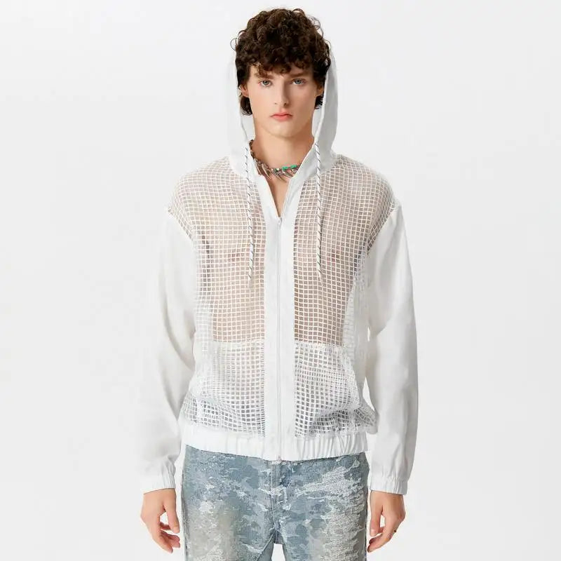 2024 Camisa de hombre de malla de retazos transparente con capucha, cuello en V, cremallera, manga larga, ropa de calle para hombre, camisas de moda sueltas INCERUN