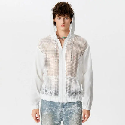 2024 Camisa de hombre de malla de retazos transparente con capucha, cuello en V, cremallera, manga larga, ropa de calle para hombre, camisas de moda sueltas INCERUN