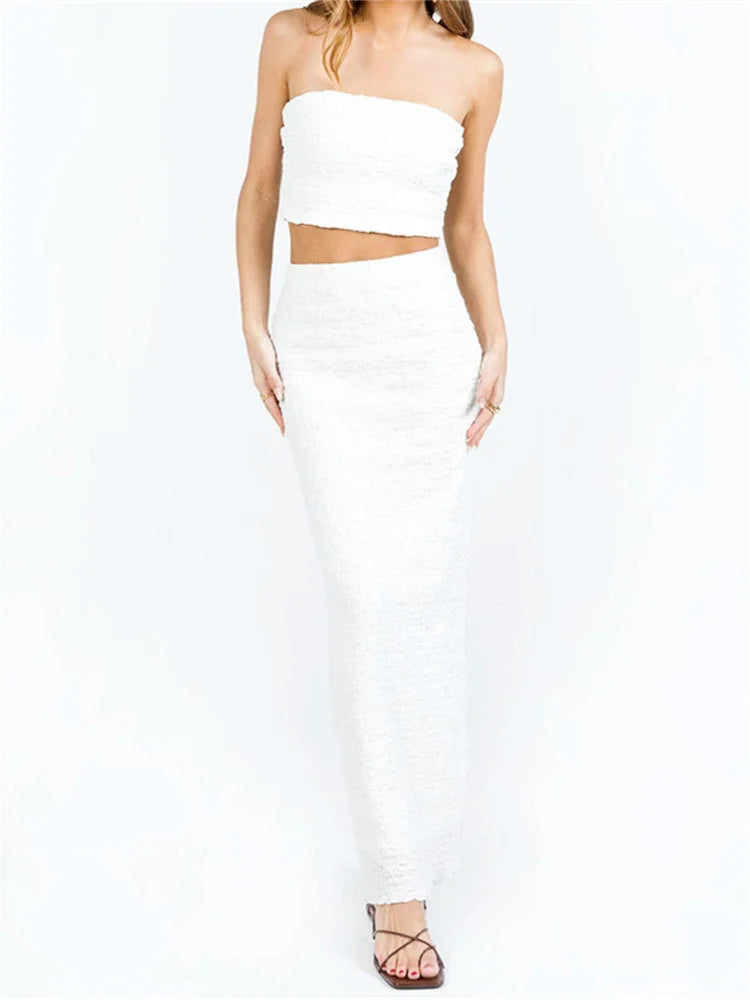 Two Piece Set Women Solid Color Elegant Skirt Outfits Tube Tops + Wrapped Long Dress Summer Sexy Chic Streetwear