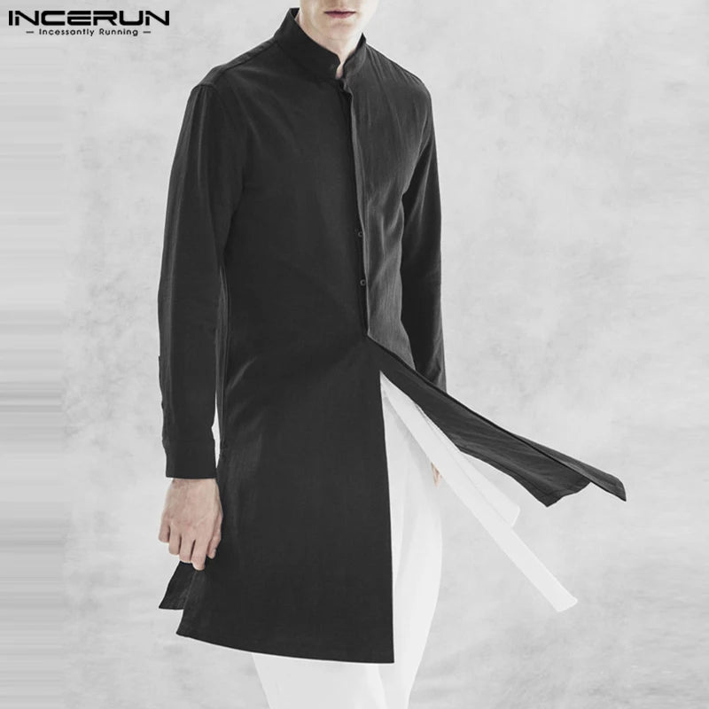 2023 Hommes Chemise Solide Col Montant Manches Longues Chemises Musulmanes Kaftan Streetwear Coton Islamique Arabe Hommes Vêtements INCERUN S-5XL