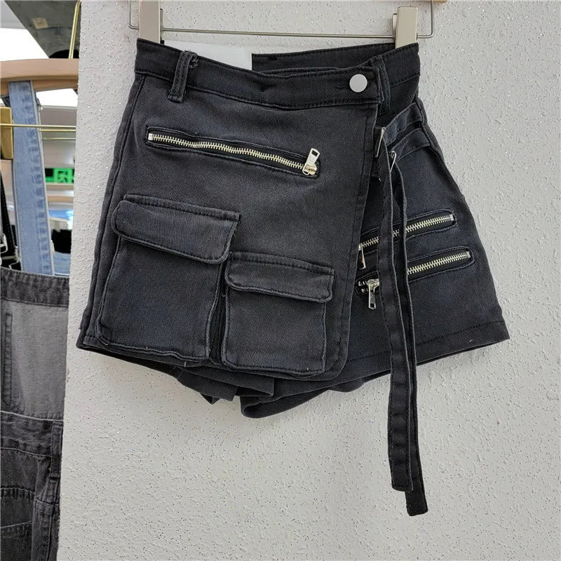 DEAT Pantalones cortos de mezclilla de moda para mujer, cintura alta, cremallera, correa de encaje, bolsillos falsos, 2 piezas, pantalones cortos verdes, faldas, verano 2024, nuevo 17A6200