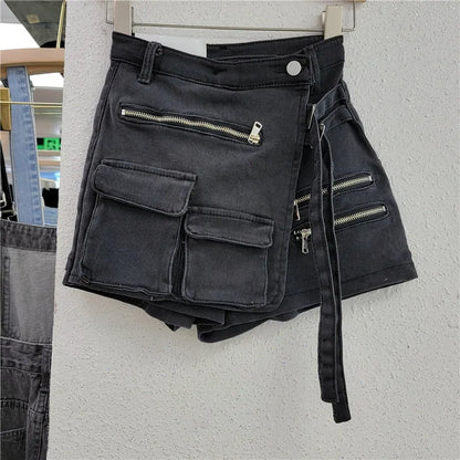 DEAT Pantalones cortos de mezclilla de moda para mujer, cintura alta, cremallera, correa de encaje, bolsillos falsos, 2 piezas, pantalones cortos verdes, faldas, verano 2024, nuevo 17A6200