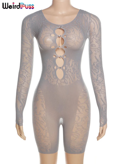 Mono sexy con escote en V profundo para mujer, mono transparente con diamantes huecos, fino, de manga larga, elástico, para fiesta nocturna, club, entrenamiento