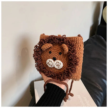 Cute Little Lion Bag For Girls Women's Funny Mobile Phone Coin Purse Winter Knitting Shoulder Crossbody Bag