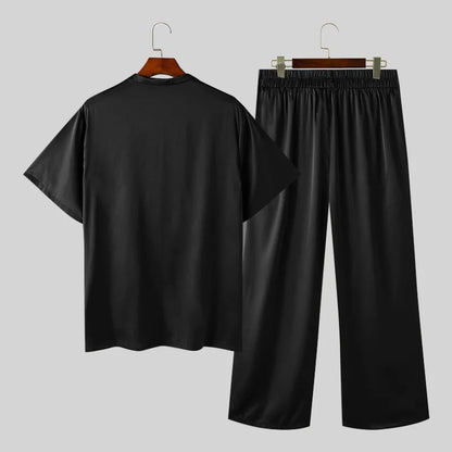 2024 Hommes Ensembles Couleur Unie Streetwear Satin Revers Manches Courtes Chemise &amp; Pantalon Deux Pièces Ensembles Mode Hommes Costumes Décontractés INCERUN