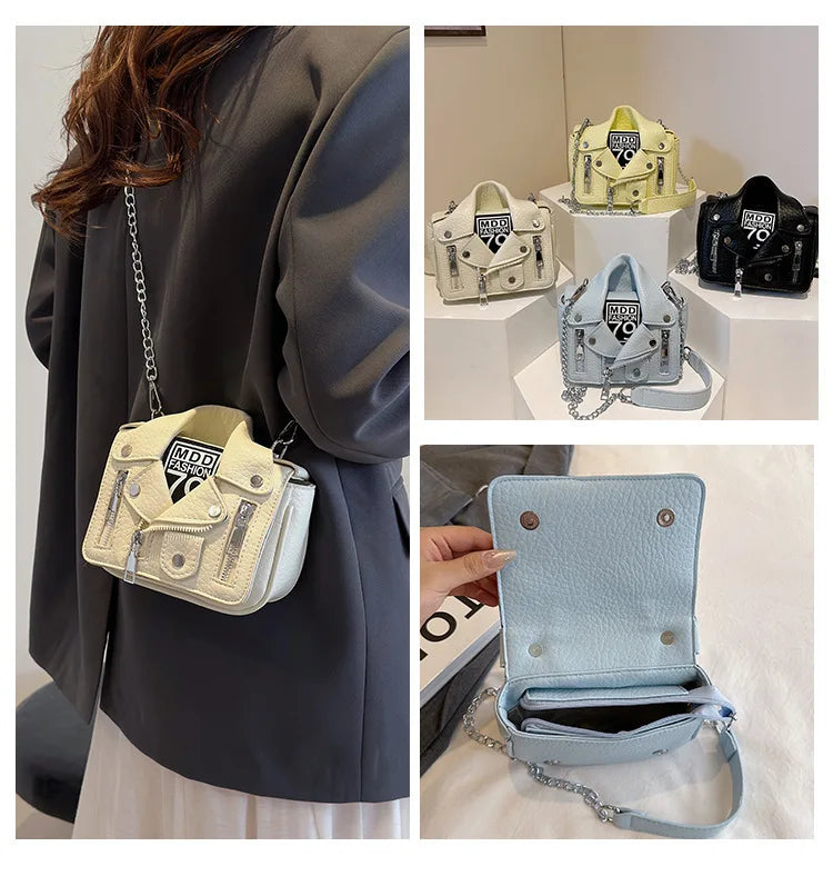 Bolso de mano para mujer, pequeño, con forma de chaqueta, bolso de hombro, bonito bolso cruzado para mujer, bolso de cadena con remaches a la moda