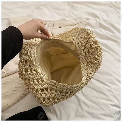 Casual Hollow Straw Women Shoulder Bags Handmade Woven Large Capacity Tote Bag Summer Beach Handbags Simple Bali Purses 2024