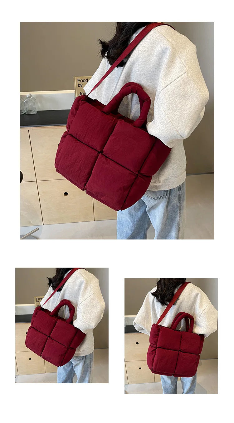 Bolso de mano acolchado suave y moderno para mujer, de diseñador, ligero, de nailon y algodón, tipo bandolera, cálido para invierno