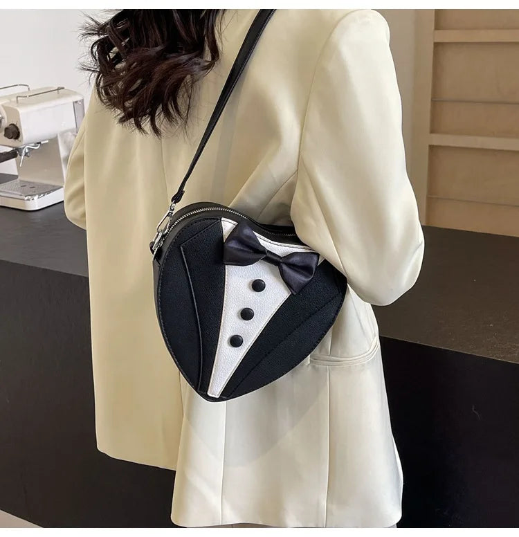 Y2k Style Small Shoulder Bag Heart Shaped Purse Handbags Cute Bow Tie Pu Leather Tote Bags Ladies Crossbody Bags 2024 New