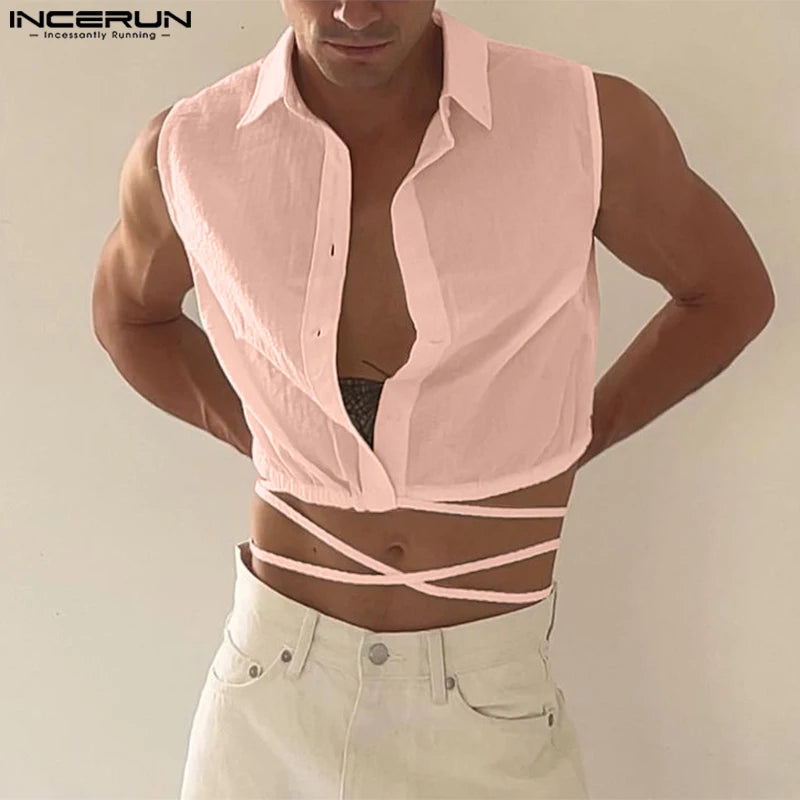 2023 Hommes Chemise Revers Sans Manches Solide Boutonné À Lacets Dos Nu Crop Tops Hommes Streetwear Sexy Mode Camisas S-5XL INCERUN