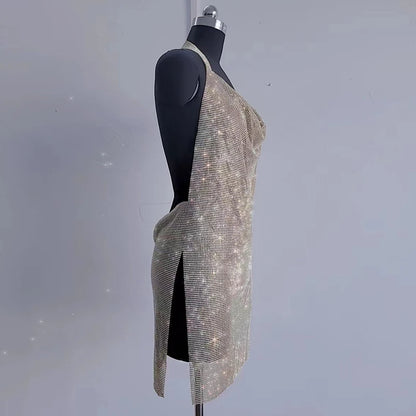 Vestido de mujer hecho a mano de metal con cristales y espalda descubierta, cadena para el cuerpo, accesorios de diamantes de imitación, vestidos de fiesta de cumpleaños número 21, minivestidos