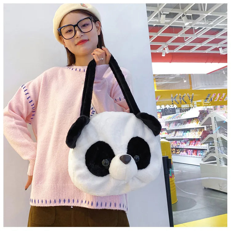 Bolsos de hombro de peluche para adolescentes, diseño kawaii, con forma de cabeza de panda, elegantes y suaves, para compras, portátiles