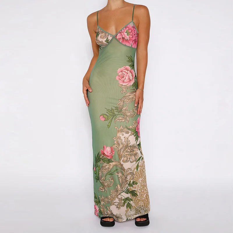 Robe à bretelles sans manches à imprimé floral pour femmes, mode col en V, robes maxi slim, été chic, femme, plage, fête, club, 2023