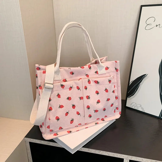 Bolso de mano con estampado de fresas para mujer, estilo vintage, de pana, de gran capacidad, tipo bandolera, para la universidad