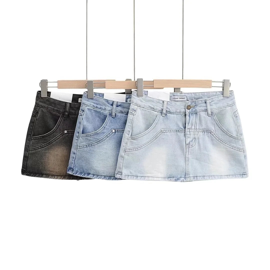 DEAT Mode Femmes Jupe A-ligne Épissé UltraShort Denim Poche Taille Haute Mince Couleur Unie Jupes Printemps 2024 Tendance Nouvelle 17A5641