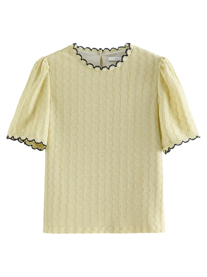 FSLE Blusa de punto fina con escote de encaje estilo francés para mujer, novedad de verano 2024, camisa elegante de manga corta 24FS12110