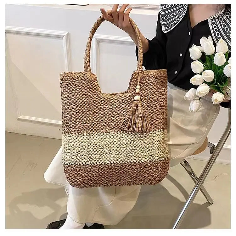 Bolso de mano informal de ratán de gran capacidad para mujer, de diseñador, tejido de mimbre, para hombro, de verano, para playa, de paja, para viaje