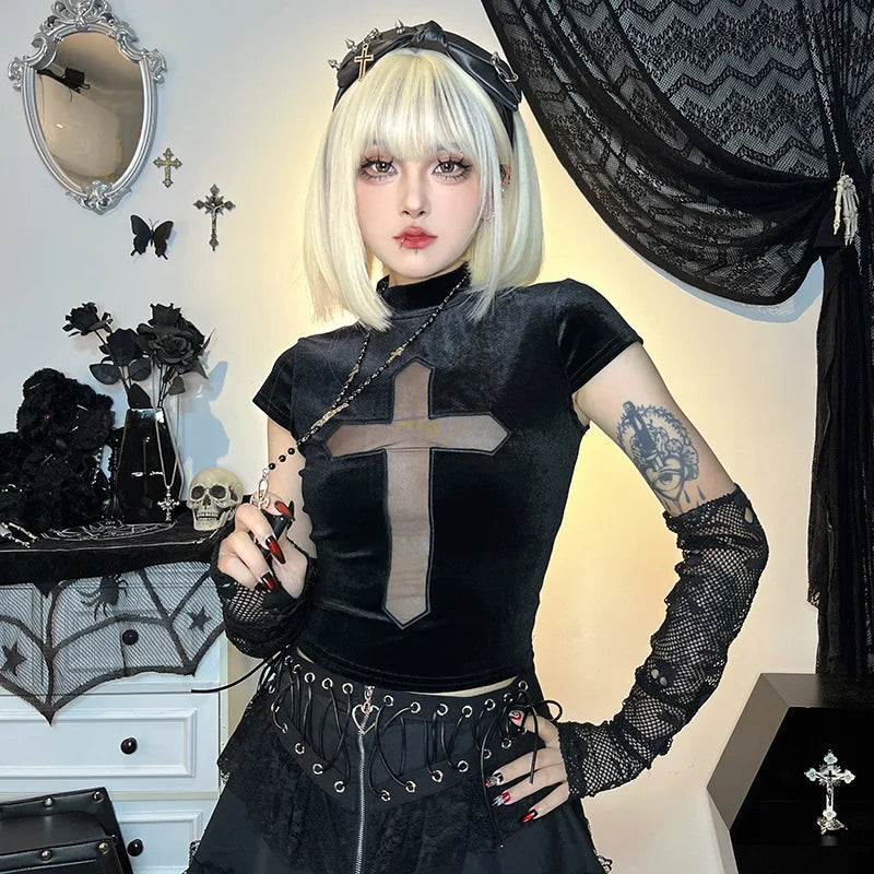 Goth Dark Cross Sheer Mall Gothic Women T-shirts Grunge Aesthetic Punk Sexy Emo Black Top Streetwear Fashion Alternative Clothes