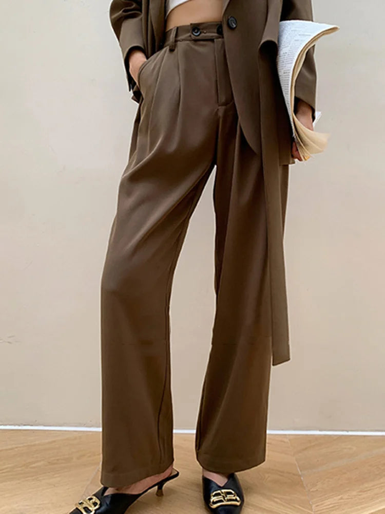 DEAT Fashion Women's New Solid Notched Loose Single Button Blazer High Waist Straight Long Pants Female Tide Summer 2024 17A2339