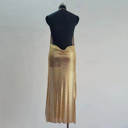 Vestido de lujo con cadena para el cuerpo para Halloween, con lentejuelas y diamantes de imitación, sin espalda, con purpurina y abertura para fiestas en discotecas, accesorios Y2K